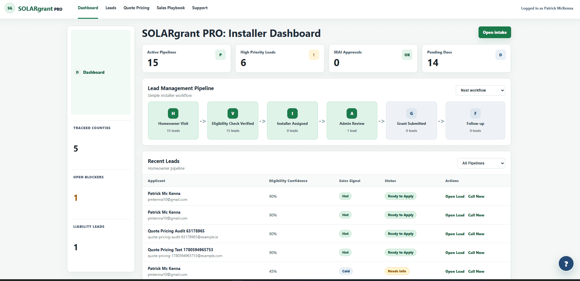 SolarGRANT Pro light installer dashboard showing lead management pipeline and recent leads